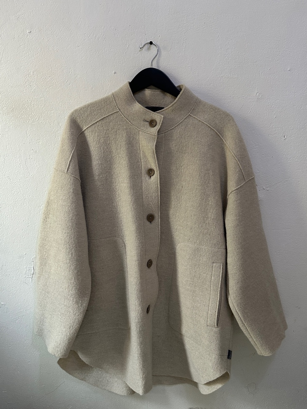 Wool-Blend Button Front Coat in Light Beige